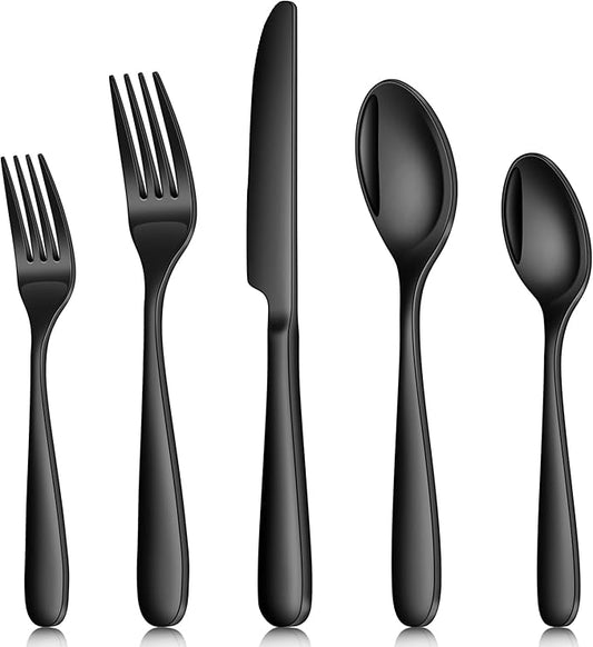 Black Silverware Set, Ollex 20PCS Flatware Set Black for 4 Stainless Steel Eating Utensils Sets Mirror Finish Include Forks Spoons and Knives Tableware Kitchen Cutlery Sets, Dishwasher Safe