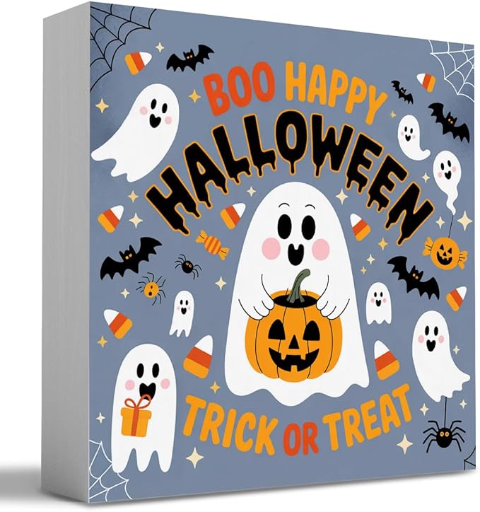 HTBIG Halloween Cute Ghost Boo Happy Hahalloween Trick OR Treat Wooden Box Sign Office Decor Room Decor Suitable family Computer Desk Dressing Table 5 x 5 Inch