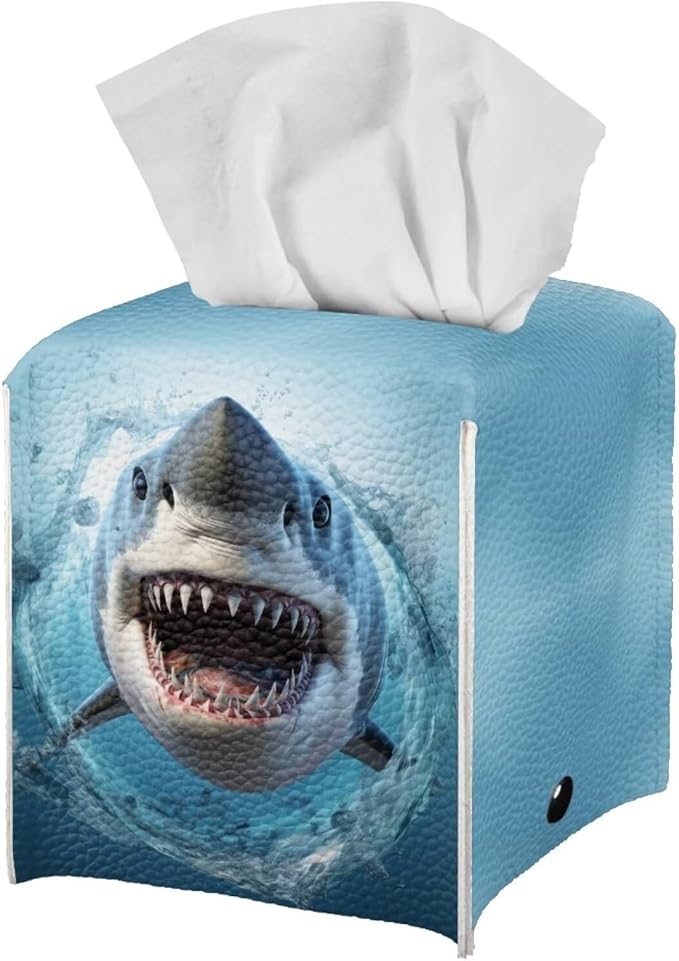 Shark Tissue Box Cover Square Tissue Holder for Home/Bathroom Decor Blue Leather Tissue Box Holder Desk Accessories Napkin Organizer Dispenser Tissue Cube Box Cover