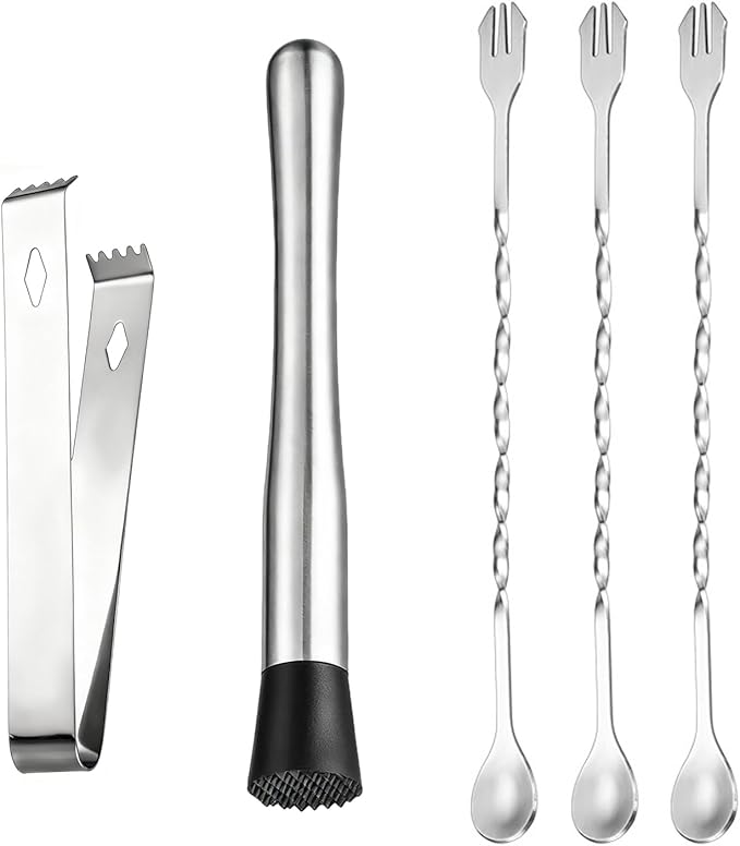 Muddler for Cocktails, Bar Tool Kit with Muddler,3 Long Handle Bar Cocktail Mixing Spoon and 1 Tong Food Ice Sugar Tong Stainless Steel Stirrer, Bar Accessories Tools for Mojitos Fruit Drinks