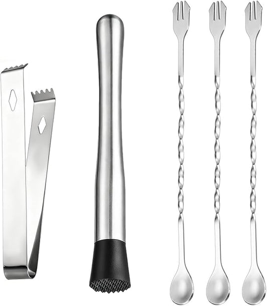 Muddler for Cocktails, Bar Tool Kit with Muddler,3 Long Handle Bar Cocktail Mixing Spoon and 1 Tong Food Ice Sugar Tong Stainless Steel Stirrer, Bar Accessories Tools for Mojitos Fruit Drinks