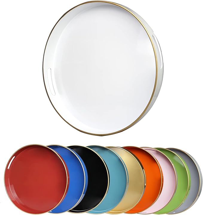 White Round Decorative Tray with Handles, 13" Elegant Coffee Table Serving Tray for Ottoman Living Room, Bathroom, Outdoors, Breakfast