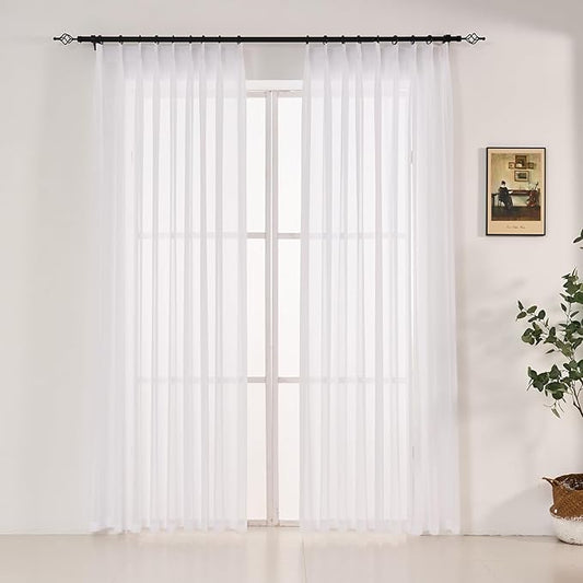 90 Inches Long Pure White Sheer Curtains for Living Room Light Filterring Curtains for Bedroom Pinch Pleated Chiffon Curtain & Drapes for Sliding Glass Door, 1 Panel,W52 x L90