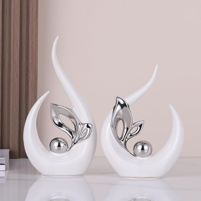 9.4" H White Silver Abstract Sculptures Home Decor, Ceramic Art Statue Cool Stuff to Put on Shelves&tv Stand Decor, Silver Accent Entertainment Center, for Fireplace Coffee Table Dining Table Decorate