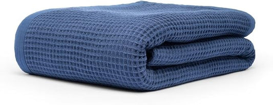 GOTS Certified Organic Cotton Waffle Weave, Throw Bed Blanket, 50"X60"Cozy Throw Blanket for Couch, Modern Home Decor Throw Blankets,Comfy Waffle Blanket Soft Bed Blankets -Navy Blue