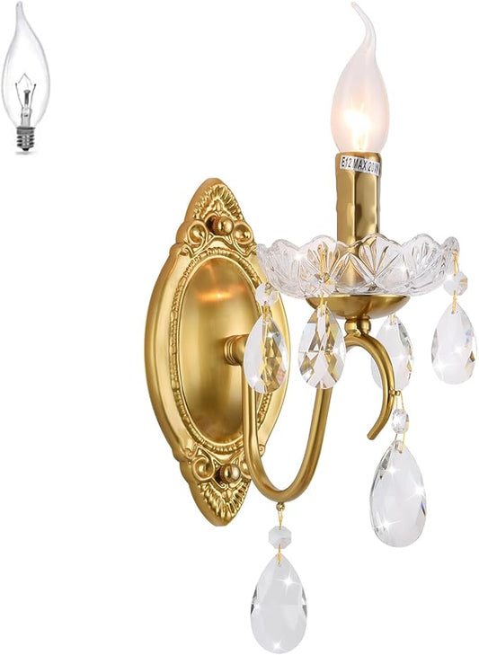 Vintage Wall Sconces, Gold Wall sconces Gold Crystal Wall Light, 1-Light Wall Lighting with Crystal Glass Shade, Matte Brushed Antique Brass Finish, Wall Lamp for Bathroom,Hallway(E12 Base)