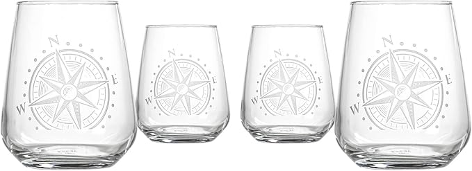Rolf Glass Compass Star Stemless Wine Glass | 15.75 Ounce Stemless Tumblers | Set of 4 | Nautical Themed Glassware | Stylish Drinkware for Wine Lovers