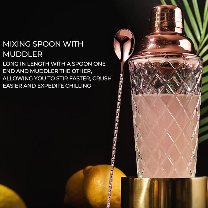 Rose Gold Cocktail Shaker Glass Set - 5 Piece Martini Shaker Set with Strainer, Jigger, Spoon & Muddler - 16oz Crystal Shaker - Ideal Gift for Home Bar & Drink Trolley Décor