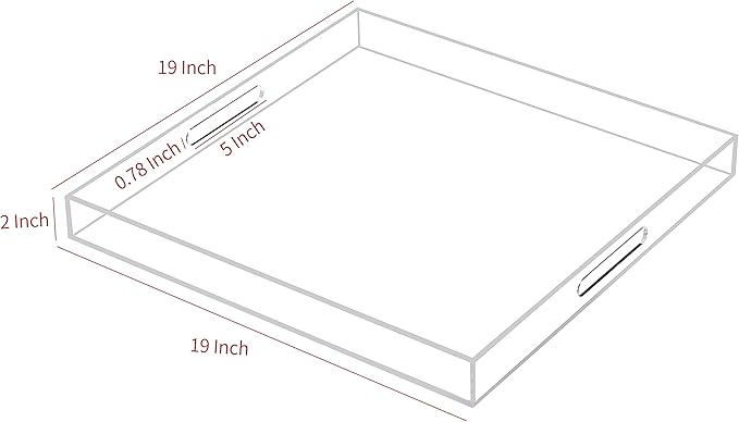 Large Clear Acrylic Serving Tray with Handles-19x19x2H Inch Big Size Spill Proof Tray for Ottoman,Coffee Table, Breakfast, Tea, Food, Butler -Safe Edge Organizer- Decorative