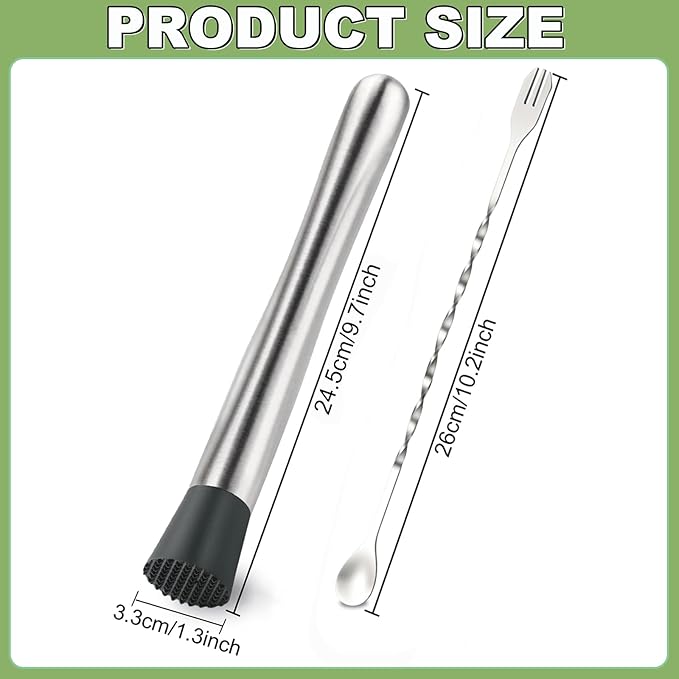 4Pcs 10'' Muddler and Spoon Set for Cocktails 304 Stainless Steel Fruit Smasher Home Bar Bartender Accessories Stirrers Mixing Tools for Mojitos Drinks Lemonade Stand Supplies