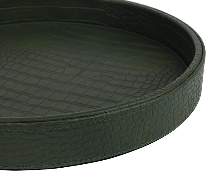 HofferRuffer Faux Leather Round Serving Tray, Vegan Croco Leather Decorative Tray, Food Tray for Storage Drinks, Snack & Cosmetics, Dia.12'' x 1.6'' (Green)