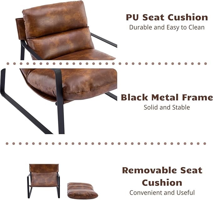 HEAH-YO Modern Accent Chair Set of 1, PU Faux Leather Lounge Chair with Soft Seat Cushion and Solid Metal Frame, Comfy Living Room Chair Reading Chair for Bedroom, Brown