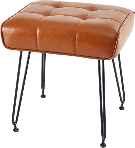 PU Leather Vanity Stools, Vanity Stool Chairs for Makeup Faux Leather Foot Stools Ottoman with Metal Leg Make up Chairs for Vanity Small Bench Seat for Living Room Bedroom (Whiskey Brown)