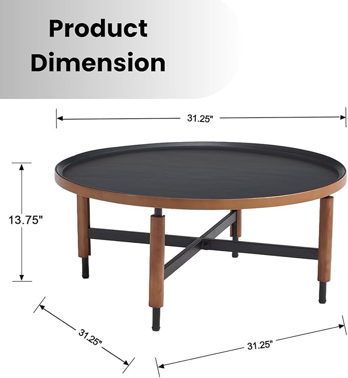 DUOMAY Modern Round Wood Coffee Table, 31.25'' Wide Center Table with X-Shaped Metal Base, Round Tubular Iron Legs Covered with Rubber Wood for Living Room, Lounge, Office, Apartment, Black