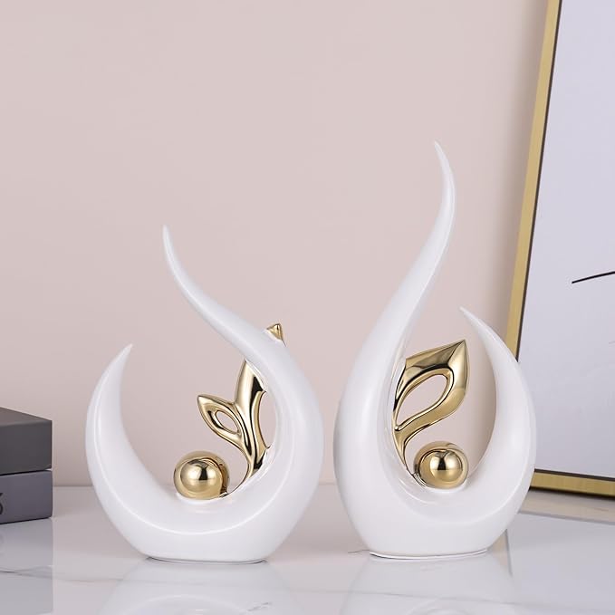 9.4" H White Gold Abstract Sculptures Home Decor, Ceramic Art Statue Cool Stuff to Put on Shelves&tv Stand Decor, Gold Accent Entertainment Center, for Fireplace Coffee Table Dining Table Decorate