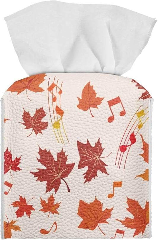 Maple Leaf Tissue Box Cover Square PU Leather Tissue Box Holder Facial Paper Boxes Case for Tabletop Night Stands Bathroom Office Thanksgiving Modern Decorative Cube Napkin Case