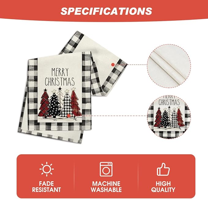 Artoid Mode Waterclor Buffalo Plaid Christmas Trees Merry Xmas Table Runner, Seasonal Winter Holiday Kitchen Dining Table Decoration for Indoor Outdoor Home Party Decor 13 x 120 Inch