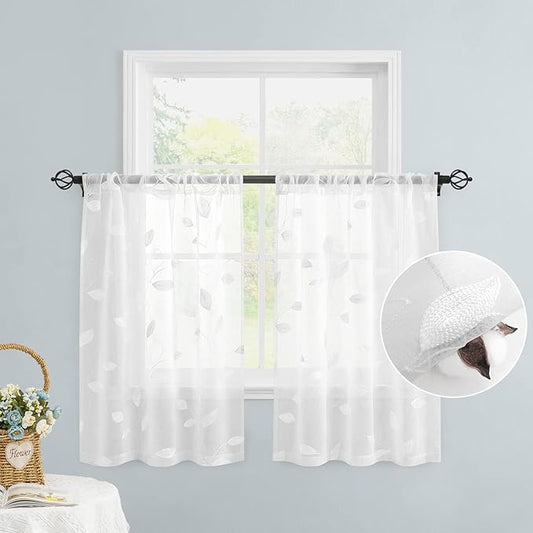 HOMEIDEAS White Sheer Kitchen Curtains 30 X 24 Inch Length 2 Panels Embroidered Leaf Pattern Short Curtains for Small Window Valance Tiers