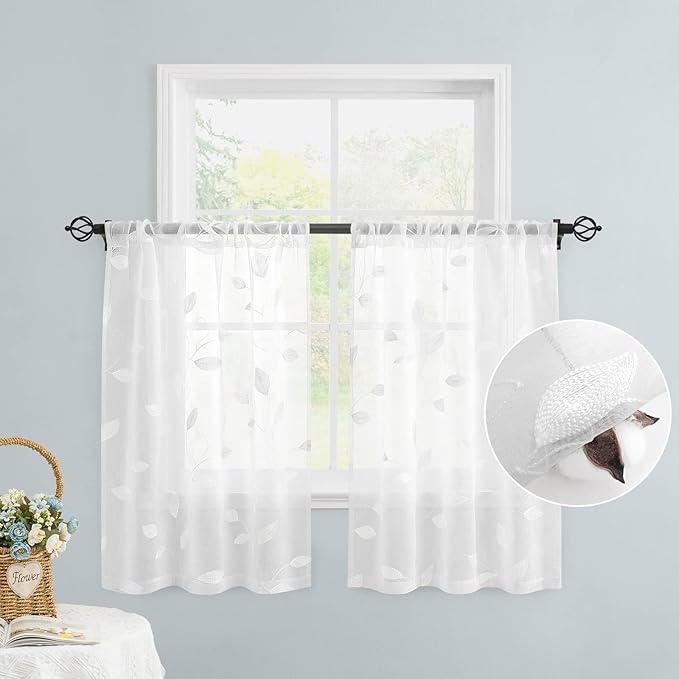 HOMEIDEAS White Sheer Kitchen Curtains 30 X 36 Inch Length 2 Panels Embroidered Leaf Pattern Short Curtains for Small Window Valance Tiers
