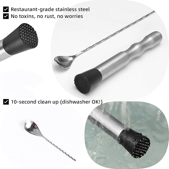 Stainless Steel Cocktail Muddler & Long Handle Stirring Spoon 2-Piece Set - Professional Bartender Tools for Mojitos, Fruit Drinks & Cocktail Mixing