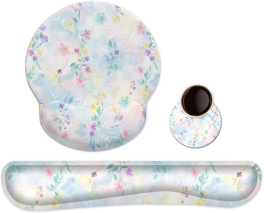 Ergonomic Keyboard Mouse Pad Wrist Rest Support Set for Laptop/Computer/Desktop,Memory Foam Hand Rest Wrist Cushion for Gaming/Office,Lightweight Comfortable & Pain Relief (Colorful Flowers)