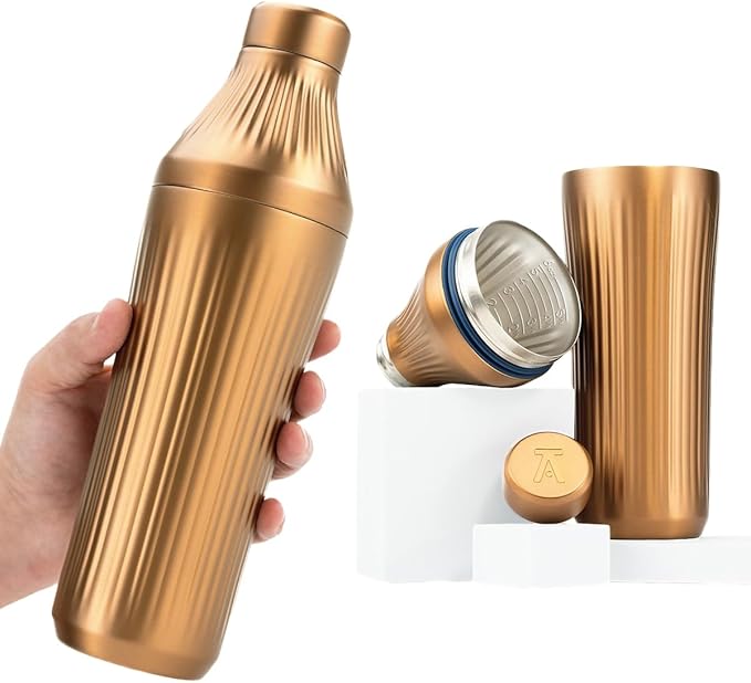 Elevated Craft Diamond Edition Hybrid Cocktail Shaker Set - Premium Vacuum Insulated Brushed Copper, 28 oz, Includes Built-In Strainer, Precise Measuring Top & XL Polishing Cloth - Martini Shaker
