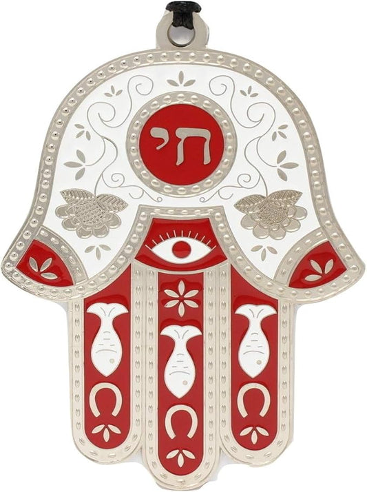 My Daily Styles Jewish Chai Living Good Luck Home Wall Decor Multicolor Hamsa Hand - Large - Made in Israel (Red)