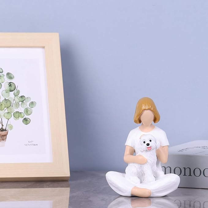 Girl and Dog Figurine Statue – Pet Memorial Gifts for Dog Lovers, Hand-Painted Resin Statue for Tabletop, Shelf, Desk Decor - Sympathy Gift for Birthday, Christmas, Thanksgiving – White