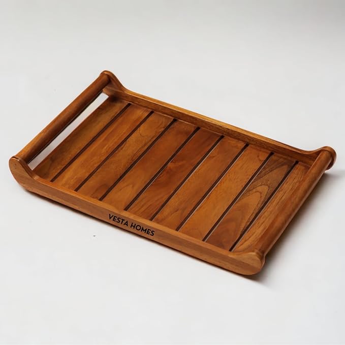 Vesta Homes Vesta Homes Teak Wood Serving Tray for Home,Kitchen,Restaurant,Office Organizer,Dining Table, Premium Wooden Trays, 18" x 12", Extra Large, Handmade In India (Brown)(Extra Large)