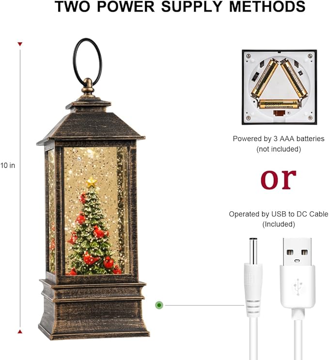10" Lighted Christmas Tree Cardinal Music Snow Globe Water Lantern with Swirling Glitter Decoration for Christmas Home, Living Room, Battery Operated or USB Powered