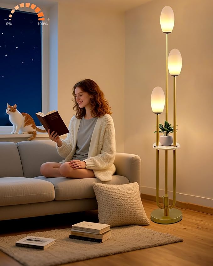 Lightdot Gold Dimmable Floor Lamp with Table, 63IN Mid-Century Oval Floor Lamps with 3000K Soft Warm White Bulbs, 3-Lights Candle Holder Style Modern Tall Standing Lamp for Living Room
