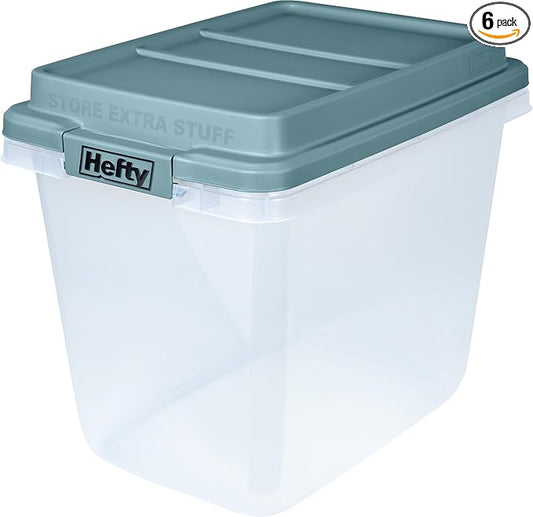 Hefty 6 Pack 32 Quart Lift Off Stackable Plastic Storage Bin and Lid, Smoke Blue
