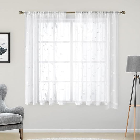 HOMEIDEAS White Sheer Kitchen Curtains 52 x 45 Inch Length 2 Panels Embroidered Leaf Pattern Short Curtains for Bedroom Half Small Window Rod Pocket Tiers