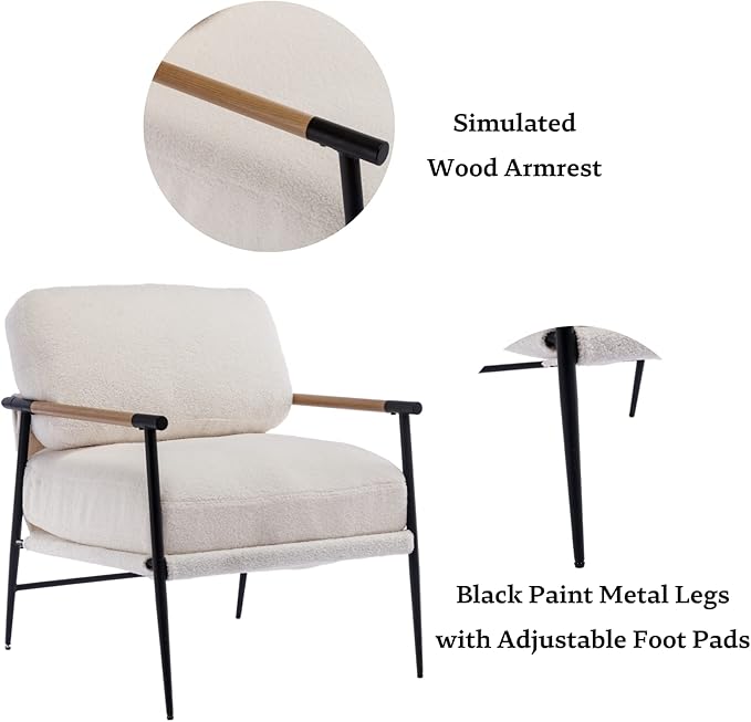 LukeAlon Mid-Century Sherpa Accent Chair, Ultra Soft Living Room Chair with Metal Legs Modern Armchair Lounge Chair Upholstered Comfy Leisure Chair for Bedroom Reception Area Reading Room, White