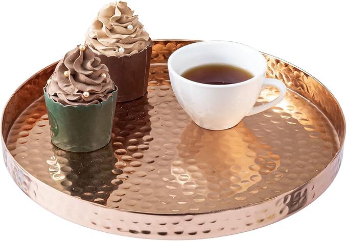 MyGift 11 Inch Deluxe Hammered Copper Round Decorative Tray - Aluminum Plated Serving Display Platter and Vanity Tray - Handcrafted in India