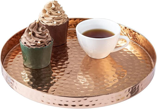 MyGift 11 Inch Deluxe Hammered Copper Round Decorative Tray - Aluminum Plated Serving Display Platter and Vanity Tray - Handcrafted in India