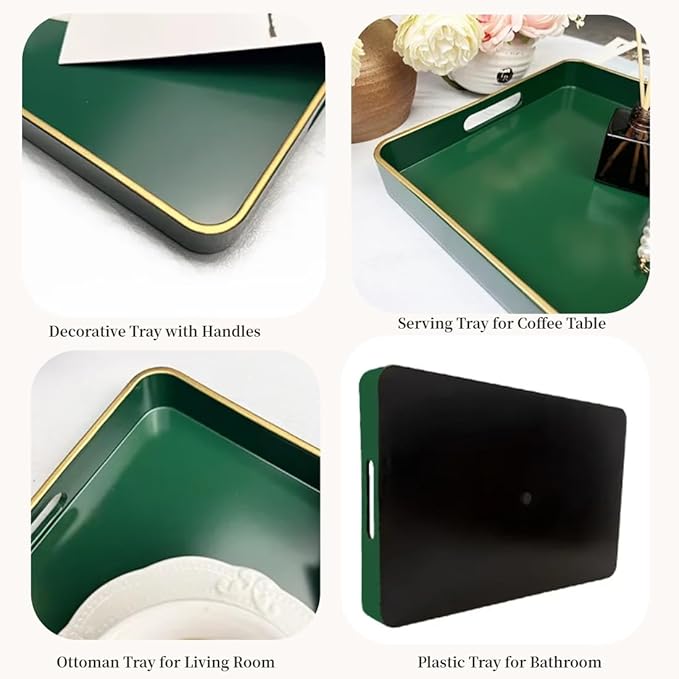 Rectangular Decorative Tray, Plastic Serving Trays with Handles, Coffee Table Tray for Ottoman, Living Room, Kitchen, Home Decor 15.7” x 10.2” x1.37”(Green)