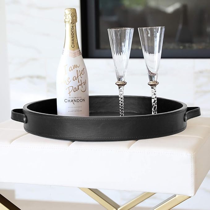 HofferRuffer PU Leather Round Serving Tray with Handles, Decorative Catchall Vanity Coffee Tray, Faux Leather Ottoman Tray for Home Or Office, Diameter 14.6-inch (Black)