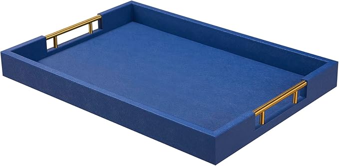 14x20 Inches Blue Faux Leather Wrapped Wood Serving Tray with Metal Handles for Various Occasions, Ottoman, Home Decor Decorative, Living Room, Coffee Table Organizer, Serving Breakfast On Bed