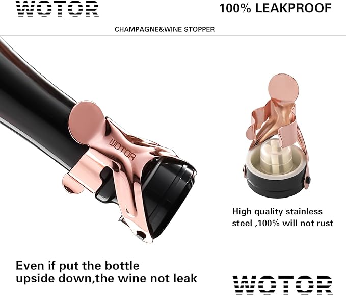 WOTOR Champagne&Wine Bottle Stoppers Stainless Steel with Food Grade Silicone, Leak Proof Keep Fresh Reusable Saver, Cork Suitable for Wine, Champagne, Cava, Prosecco and Sparkling (6 Pack Rosegold）