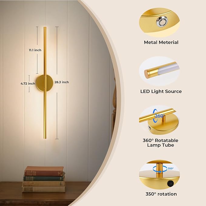1 Pack Battery Operated Wall Sconce Detachable 360°Rotate, Wireless Wall Light 3000-6500K Dimmable, 10000mAh Rechargeable Wall Lamp for Bedroom, Living Room，28 Inch Gold