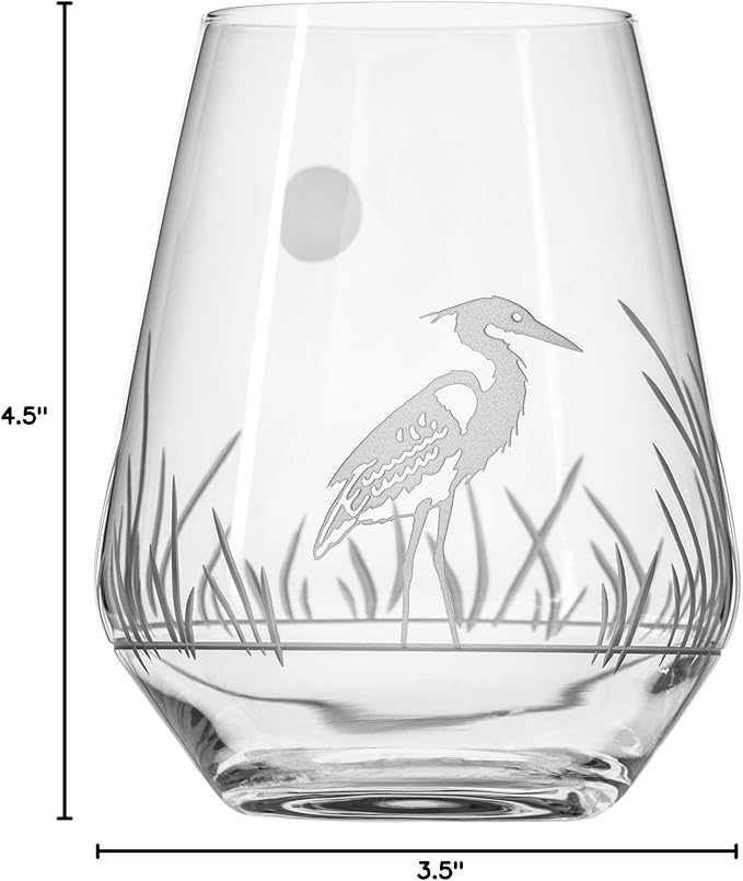 Rolf Glass Heron Stemless Wine Tumbler 18oz - Stemless Wine Glasses – Lead-Free Engraved Glass - Made in the USA (Set of 4)
