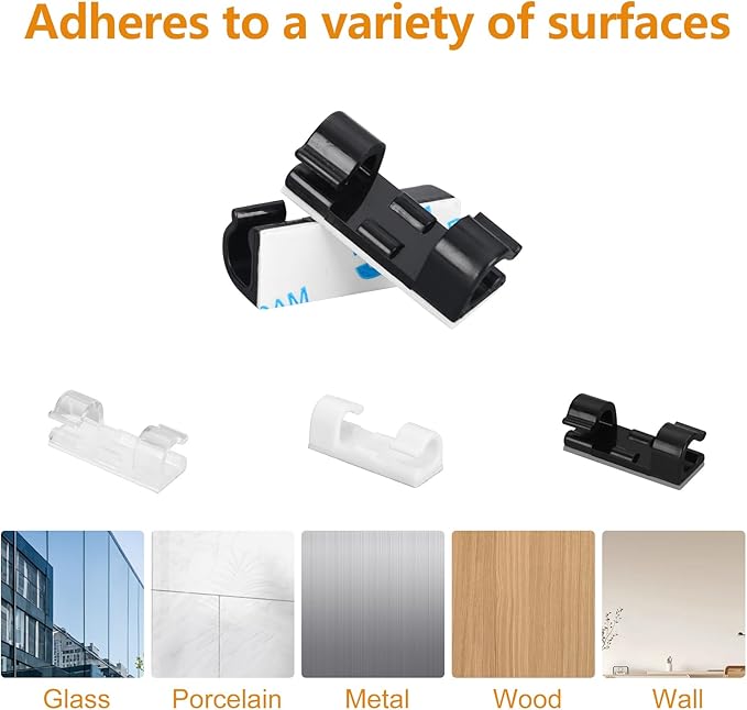 60 Pcs Black Cable Clips with 3M Adhesive, Wire Holders Under Desk, Cord Management for Wall, Car, Ethernet, PC, Christmas Light Indoor/Outdoor