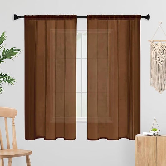 Sheer Curtains 72 Inches Long 2 Panels, Rod Pocket Short Curtain for Kitchen, Bedroom, Cafe Window(Brown 38" W x 72" L)
