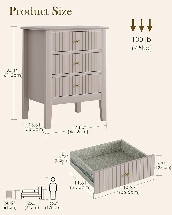 Night Stand, Fluted Nightstand Bedside Tall Farmhouse Nightstand with 3 Drawers, Mid Century Modern Side Accent Table,Bedside End Table for Bedroom, Living Room, Khaki