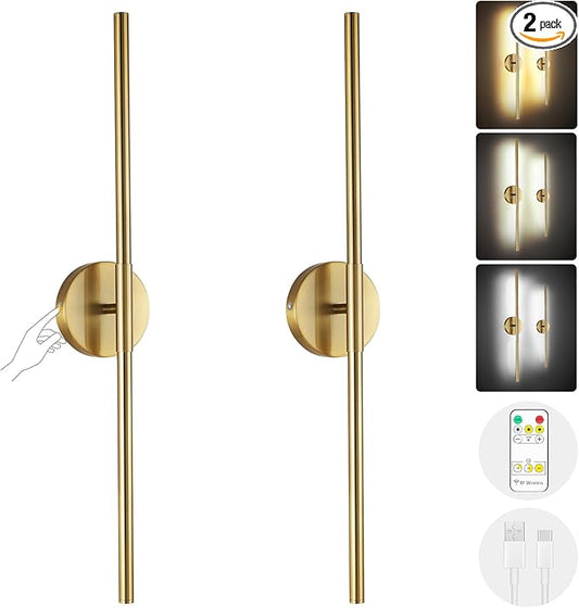 Wireless Battery Operated Wall Sconces with Remote, Gold Rechargeable Led Wall Lights Set of Two, Cordless Dimmable Battery Powered Wall Lamp Decor for Bedroom Living Room, 3 Color, 32 Inch