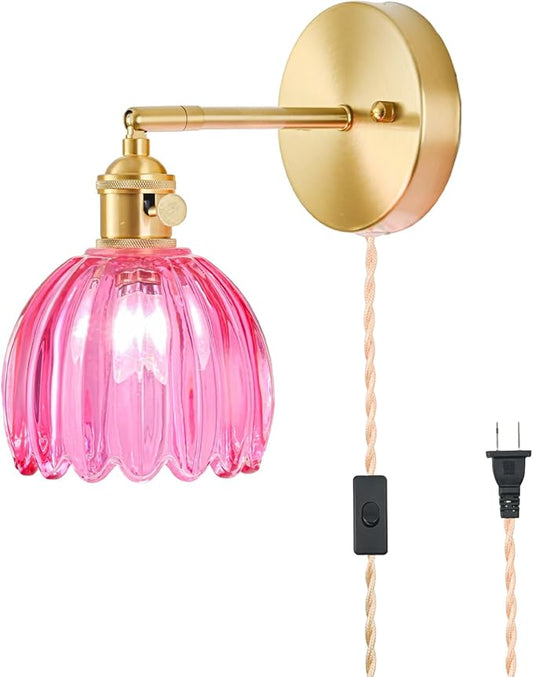 Plug in Wall Sconce, Vintage Sconce Light with Tulip Ruby Red Glass Lampshade, 180° Adjustable Wall Sconce with Switch and Plug in Wall Lamp Cord, Gold Wall Light for Bedroom Bedside