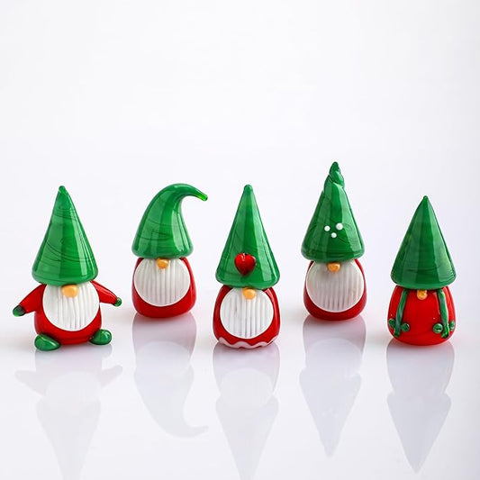 H&D HYALINE & DORA Gnomes Christmas Decorations Ornaments 5Pcs Mini Blown Glass Gnomes Figurines Handmade Glass Xmas Figurines for Tree, Santa and Gnome Party Supplies