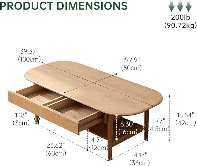 100% Solid Wood Coffee Table for Living Room, 2-Tier Coffee Table with 2 Drawers and Shelf Storage, Mid Century Modern Living Room Table for Home (Oak Natural Wood, 39.37'' W)
