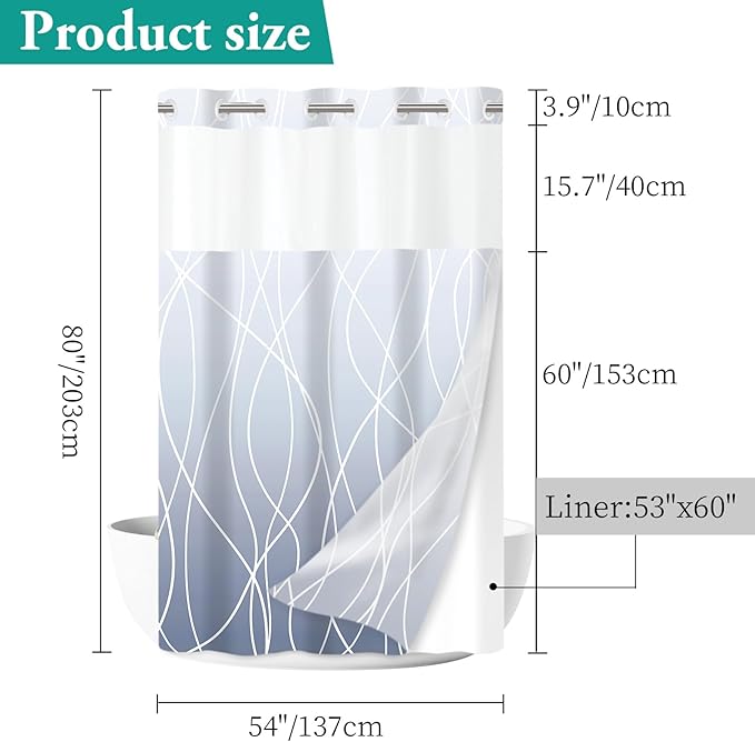 No Hook Ombre Blue Striped Stall Shower Curtain with Snap in Fabric Liner Set - Hotel Shower Curtain and Liner Set with See Through Mesh Top Window,Machine Washable, 54x80 INCH
